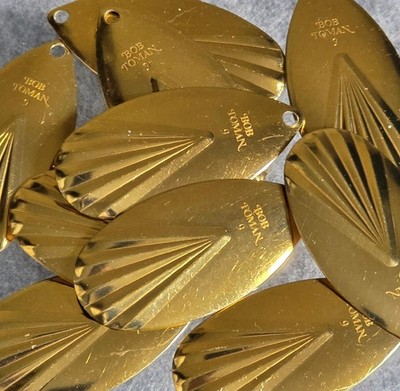 (10) Brass Spinner Blades Indiana Fluted Size 9 Bob Toman Logo Lacquer Coated