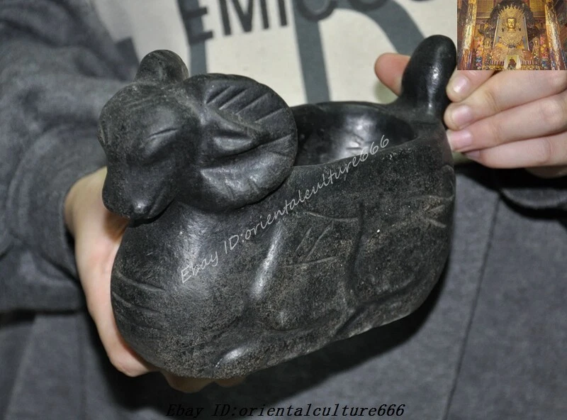 7.6" China Hongshan Cultura Meteorito Hierro Tallado Sacrificio Feng Shui Oveja Taza Foto 3 de 4