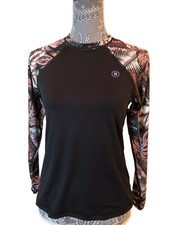 NEW Hurley Womens Black Tropical Palm Rashguard Shirt Size Small UPF 50