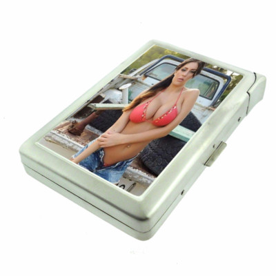 Country Pin Up Girls D16 Cigarette Case with Built in Lighter Metal Wallet 