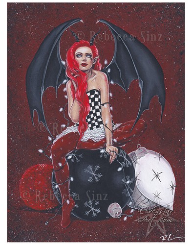 Gothic Fantasy Art PRINT Christmas Lights Demon Ornaments Red Black Silver Dark - Picture 5 of 5
