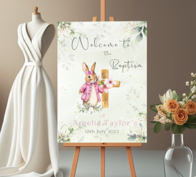 Personalisiertes Willkommensschild rosa Hase Taufe, A3 Poster, Banner, Hintergrund