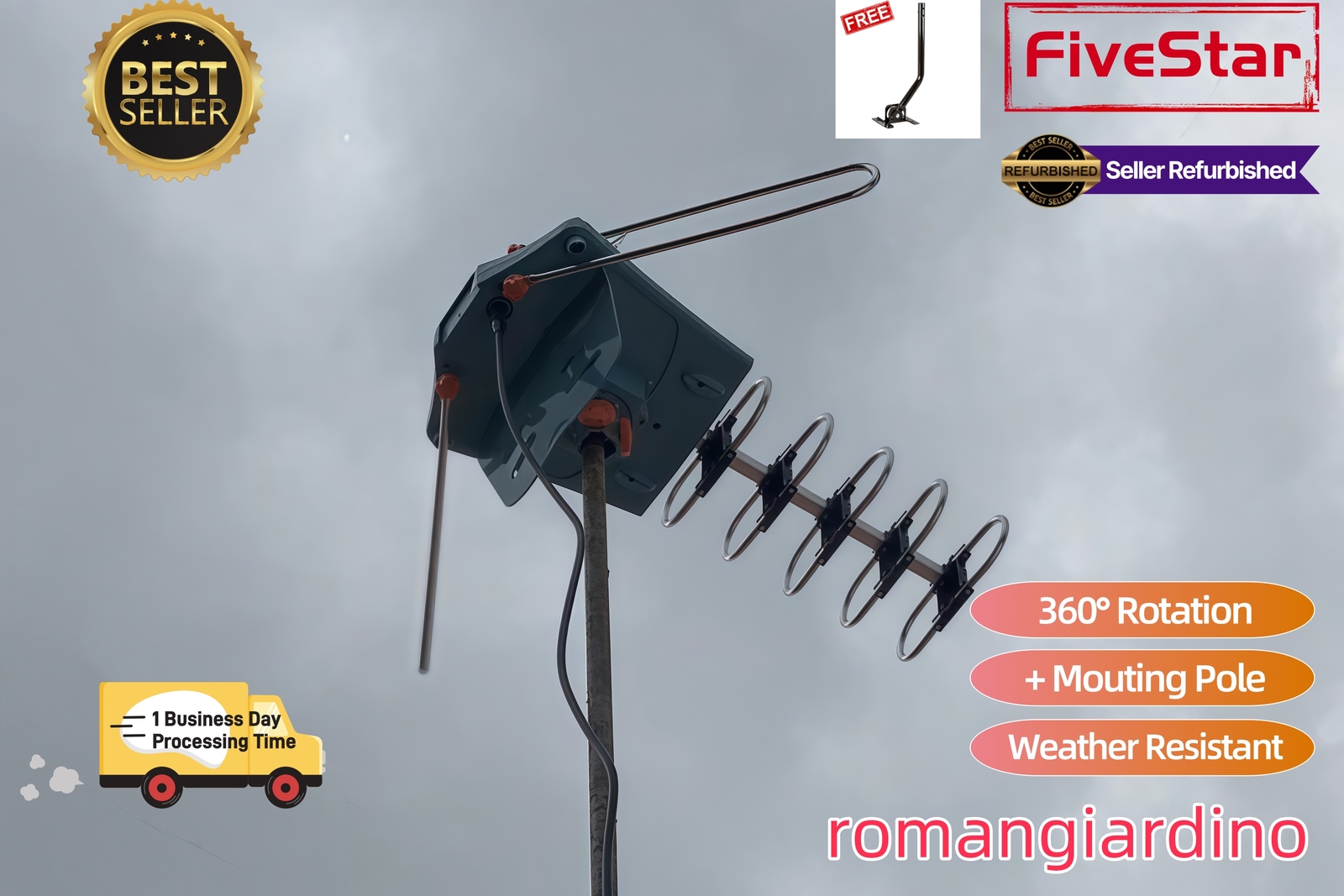 Hot Deal Outdoor TV Antenna Pole Motorized Amplified HDTV 1080P 4K 360° Rotation