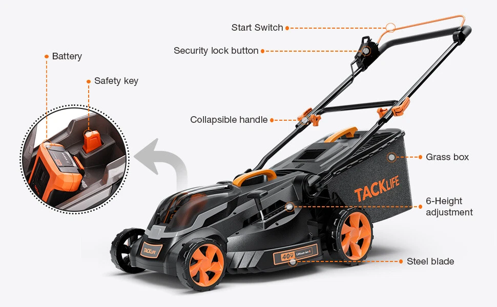 TACKLIFE 16 Inch 40V MAX 36V Brushless Lawn Mower 4.0AH Battery 6 Mowing