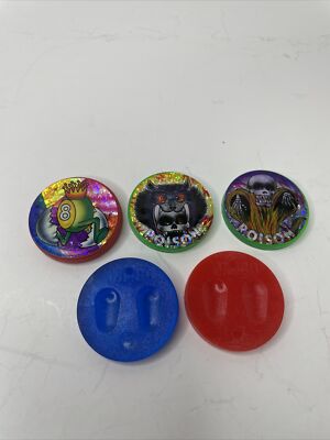 5 Vintage Pogs Plastic Skull Poison 8 Ball Rare+ Blank Jimbo
