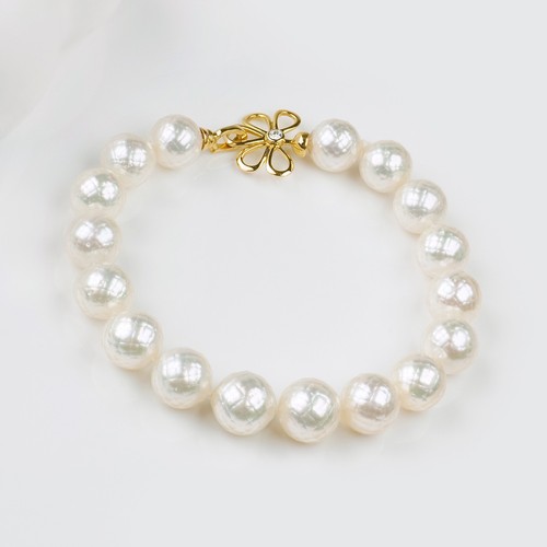 8.7-9.9MM Faceted Cream South Sea Pearl Bracelet 18K Solid Yellow Gold,7.5" - Picture 4 of 8