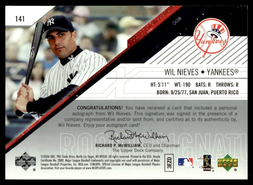 2006 SPx ROOKIE SIGNATURES Wil Nieves Auto 880/999 New York Yankees #141 - Image 2 of 2