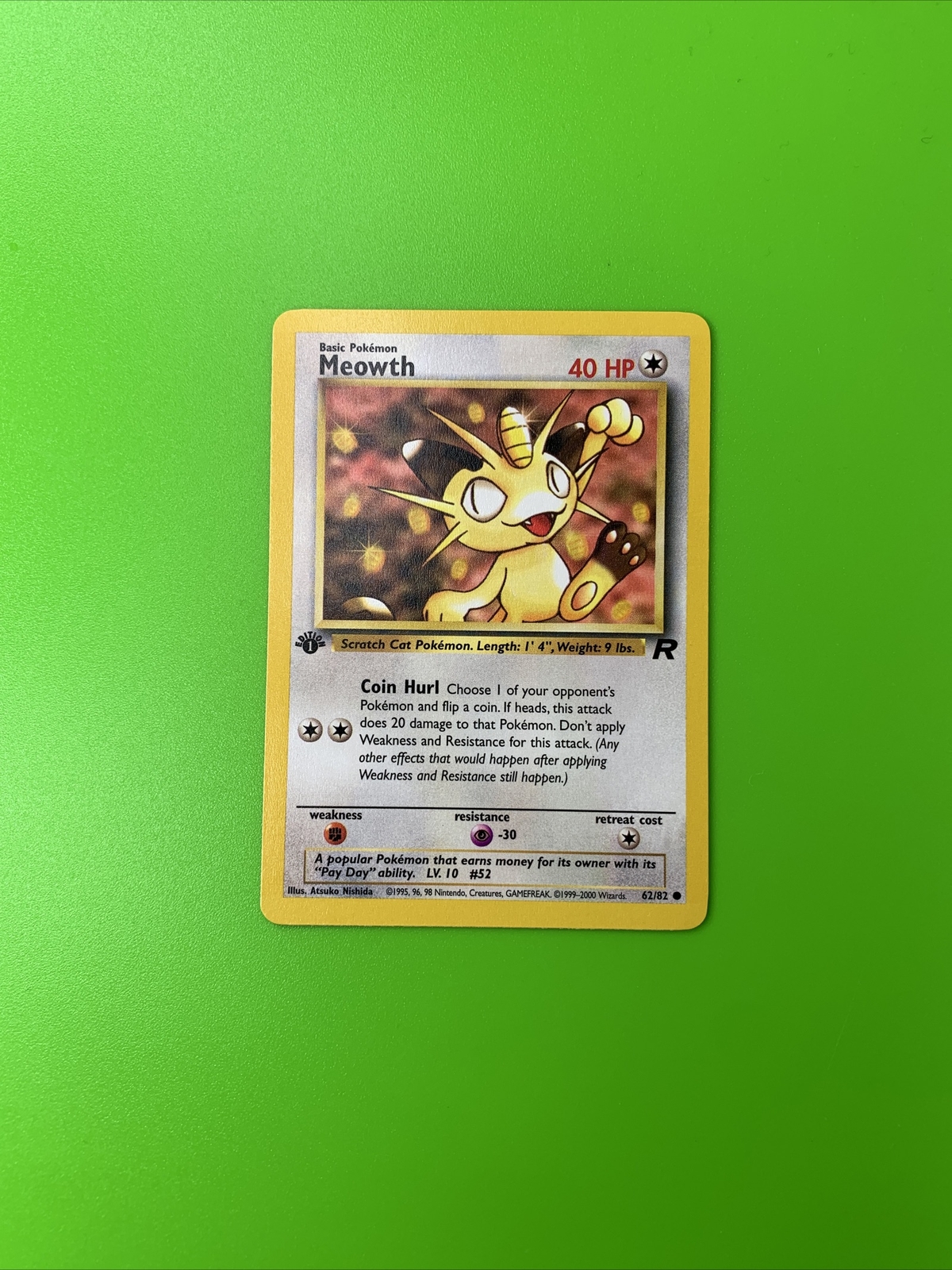 Meowth 62/82 1st Edition Team Rocket Pokémon Card NM