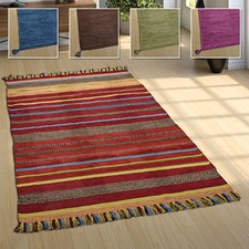 Wohnzimmer Natur Teppich m. Fransen, Moderner Handgewebter Kelim, 100% Baumwolle