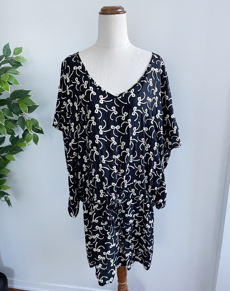 Balaj Womens One Size Kaftan Style Dress Beach Cover Up Black Cream Bow