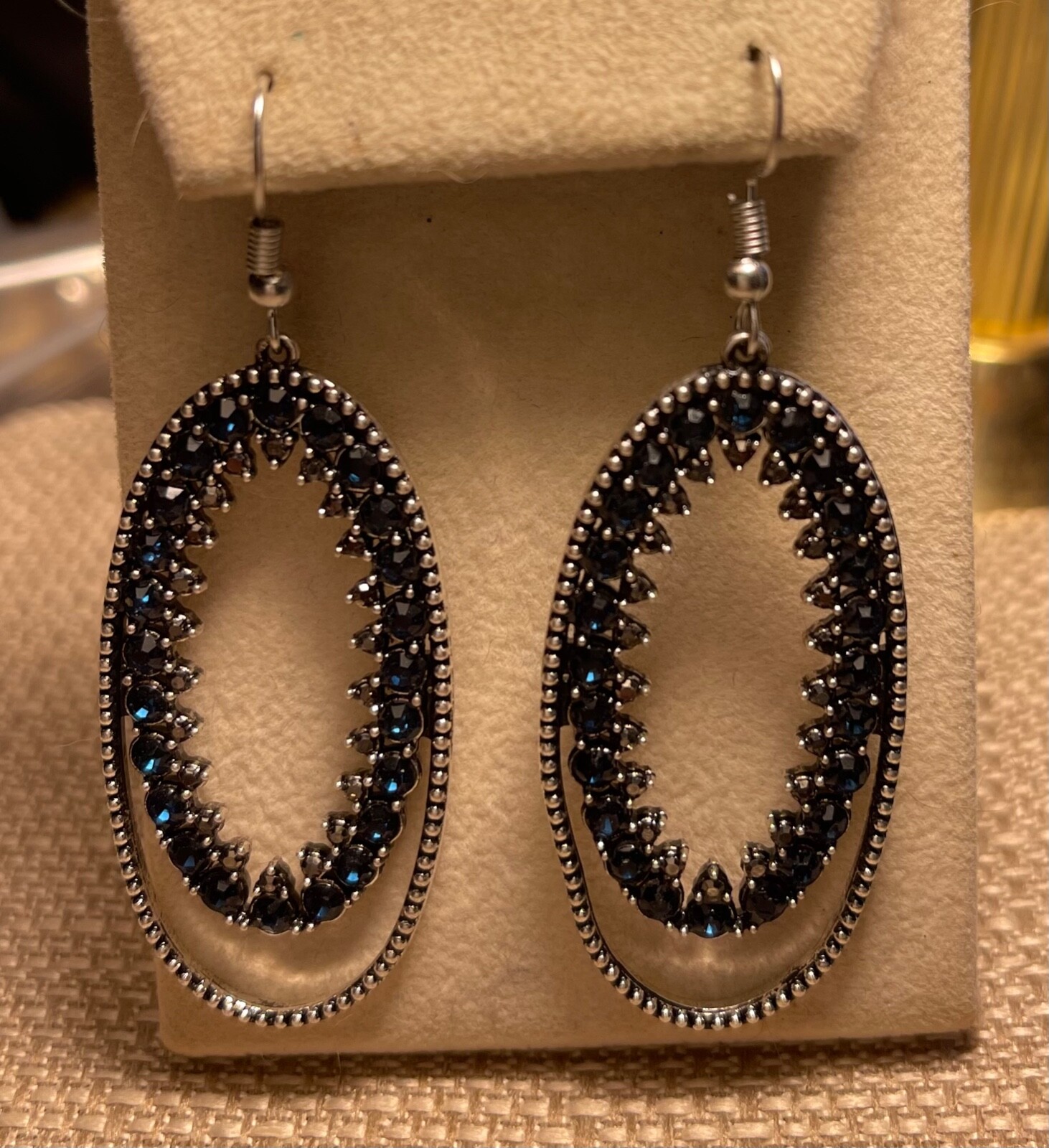 Lovely Statement Oval Dangle Dark Blue Rhinestone… - image 3