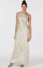 CALVIN KLEIN 199 One-shoulder Metallic Champagne Gold Formal Gown - Size 10