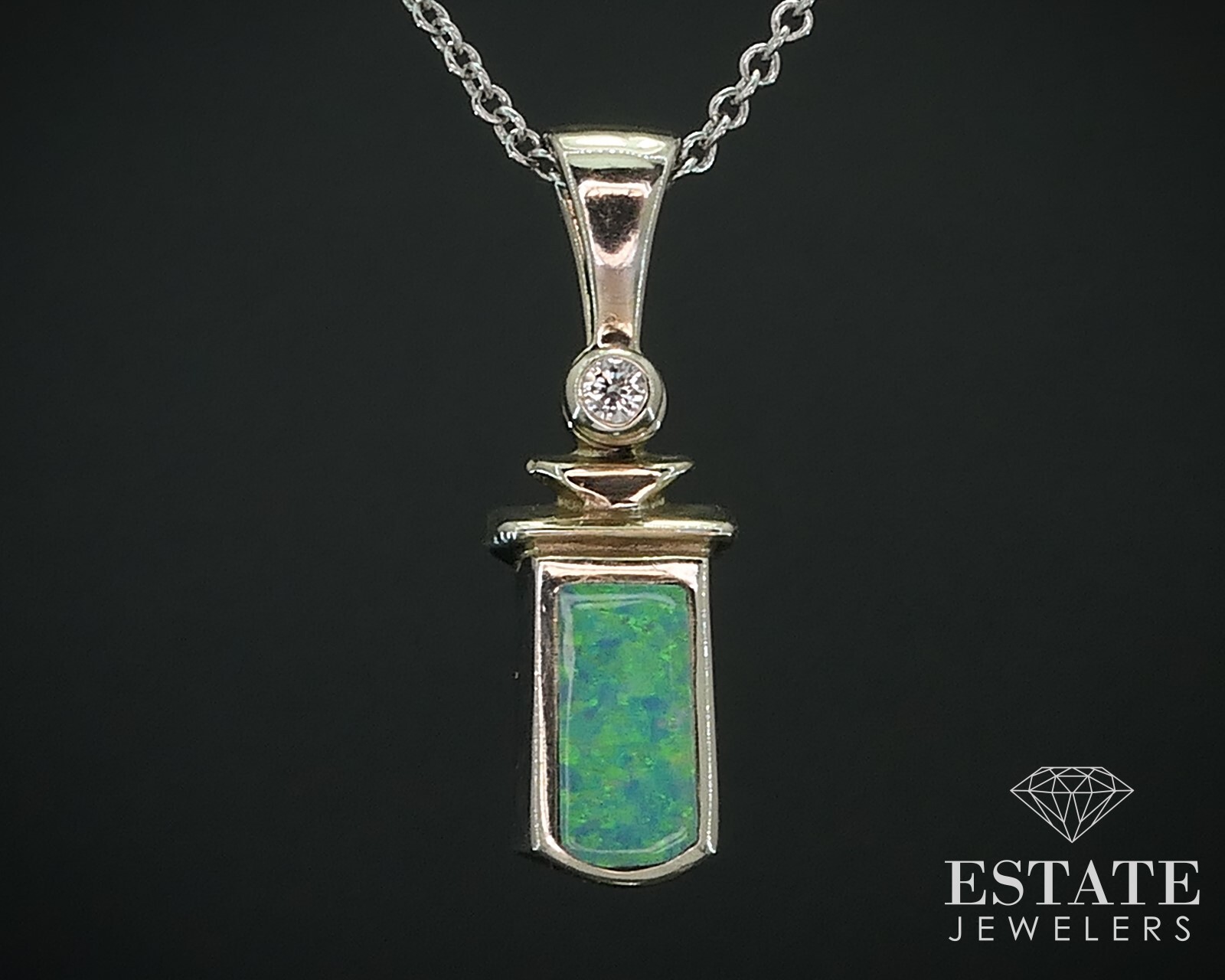 14k White Gold Inlaid Opal & Diamond Ladies Necklace 3.1g 18