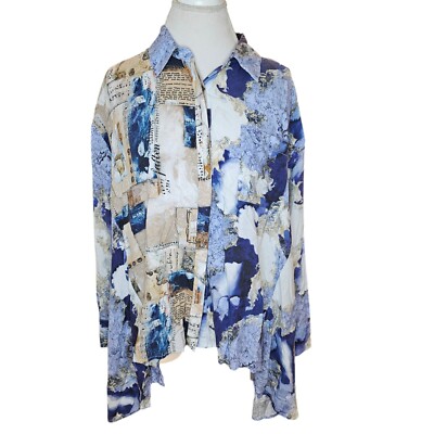 Lemon Grass Womens 1X Abstract Blouse Button Up Lagenlook Longsleeve Oversized