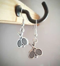 Cute New Tibetan Silver Tennis Rackets & Ball Charm 1.5" Hook Dangle Earrings