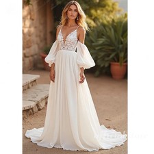 Chiffon V-Neck Court Train Beach Wedding Dress Lace Appliques Spaghetti Straps