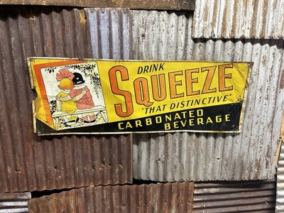 Drink Orange Squeeze Soda Sign Early - 1930s? 28x10  ORIGINAL EMBOSSED TIN