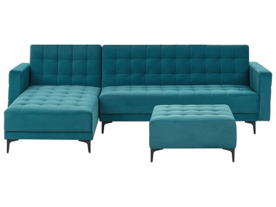 4-Sitzer Eckschlafsofa L-förmig rechts Samt see blau mit Ottomane Aberdeen
