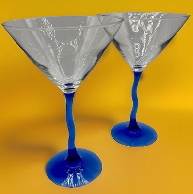 2 Martini / Cosmopolitan 7.5'' GLASSES Zig Zag Cobalt  Blue Stem EUC Classy