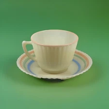 1930s MacBeth Evans Petalware Tea Cup + Saucer Set Pastel Rings Cremax UV Glow