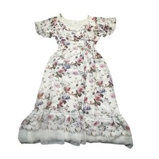 Max Studio Floral V-Neck Smocked Waist Flutter Sleeve Ruffle Midi Dress Cream S
