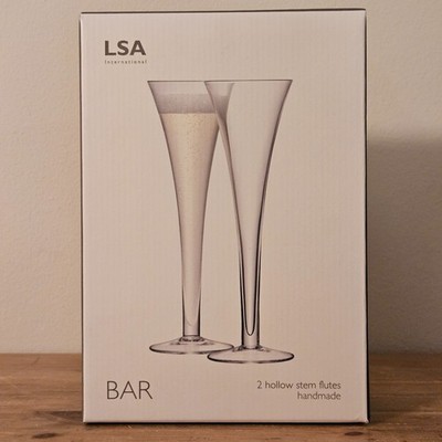 LSA Bar Hollow Stem Champagne Flutes Glasses Set of 2 Handmade Boxed (one used)