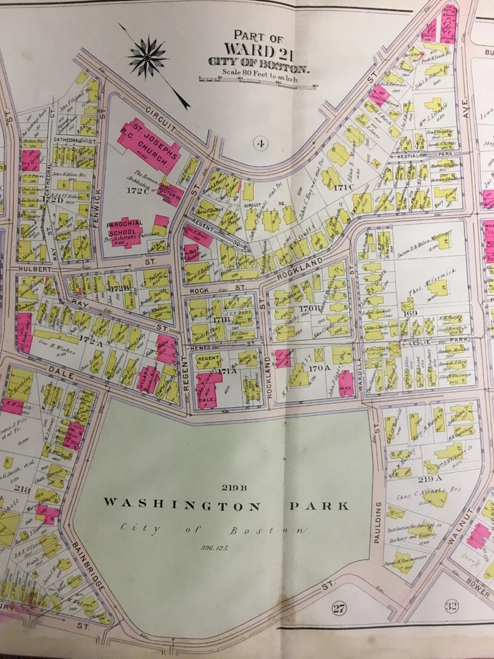 1906 BOSTON ROXBURY, MA WASHINGTON PARK ST. JOSEPH'S CH THORTON-WARREN ATLAS MAP - Image 2 of 3