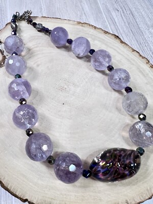 OOAK Lampwork Statement Purple Amethyst Stones Fresh Water Pearls Necklace 16''