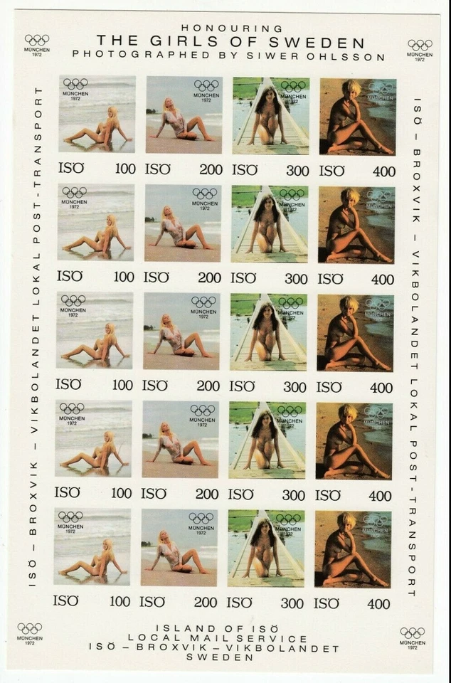 Hoja postal local de Iso Island, chicas de Suecia, desnudas, perf/imperf, olímpica 1972 Foto 3 de 4