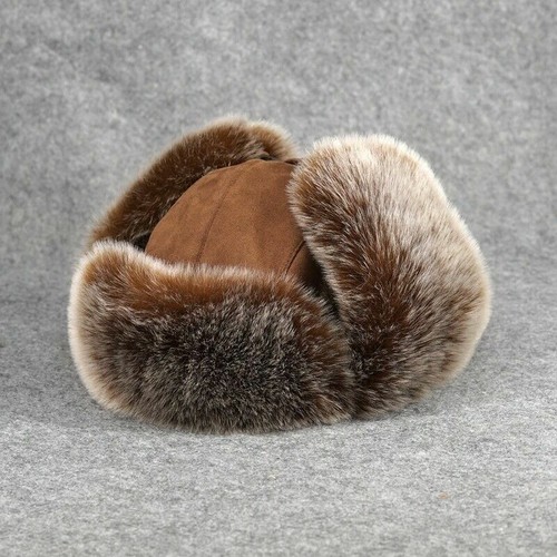 Men Winter Ushanka Russian Cossack Faux Fur Trapper Hats Suede Leather Warm Cap - Picture 6 of 10