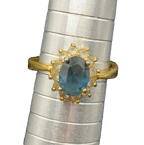 Faux Blue & White Sapphire Halo Ring Yellow Gold Plated Vintage Size 8 Classic