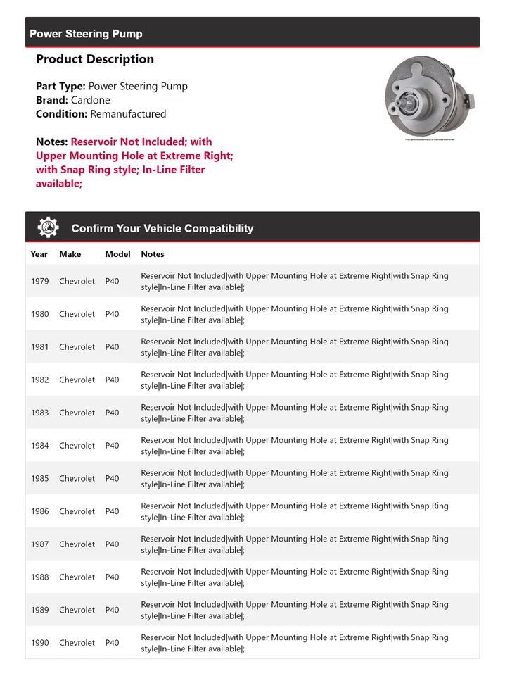 Bomba de dirección asistida Cardone para Chevrolet P40 1979-1990 1980 1981 1982 1983 1984 Foto 2 de 4