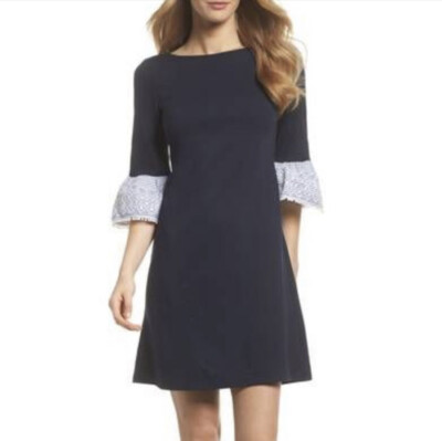 Eliza J Fit and Flare Navy Midi Dress with Embroidered Bell Sleeves Sz 0 |  eBay