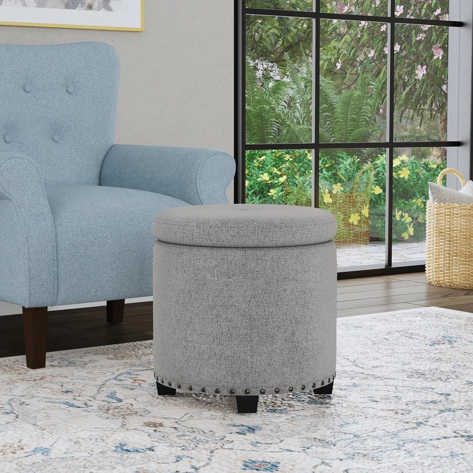 Home Decor | Upholstered round Storage Ottoman with Nailheads| Ottoman with Stor - Image 2 of 4