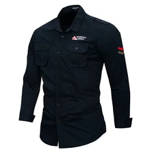Mens Military Casual Long Sleeves Shirts Pockets Denim Cotton Epaulet Shirts Top