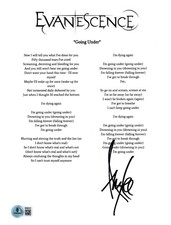 Amy Lee ‘Evanescence’ Lead Singer Signed Lyric Sheet ‘Going Under’ Beckett