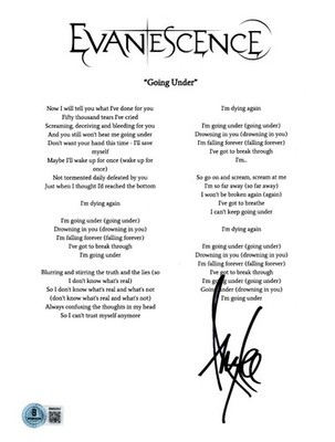Amy Lee  Evanescence  Lead Singer Signed Lyric Sheet  Going Under  Beckett