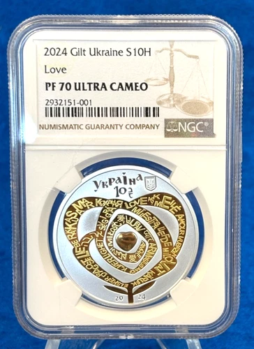 2024 Ukraine 10 Hryvnia Silver Proof Gilt Coin LOVE NGC PF 70 Ultra Cameo