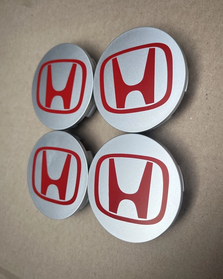 Juego de 4 tapacubos centrales de rueda HONDA 69 MM plateados/rojos Foto 3 de 4