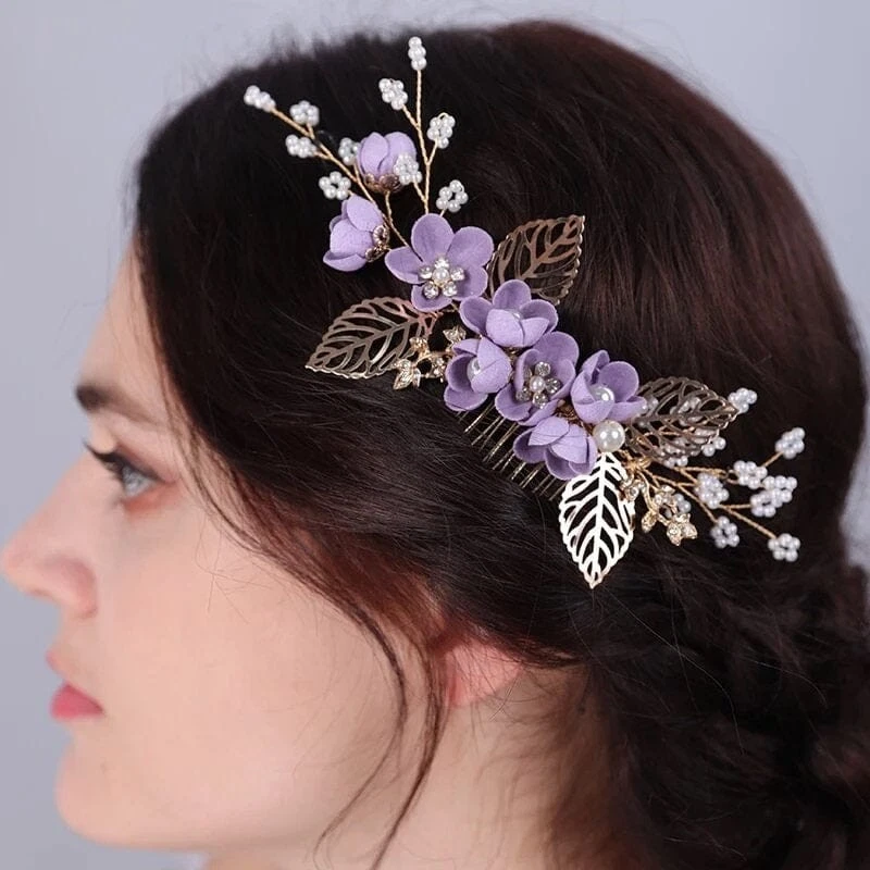 Lavender Flower Purple Wedding Hair Comb, Bridal Lilac Velvet Flower Hairpins - Image 2 of 4