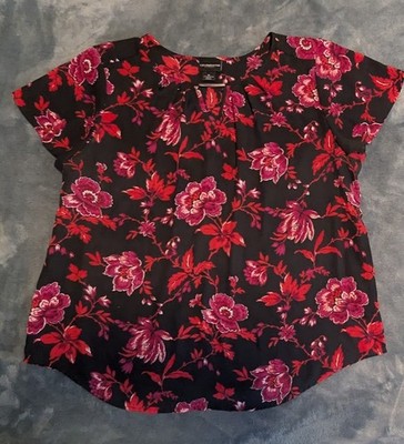 Liz Clairborne Red Burgundy Black Flowery Polyester Top XL
