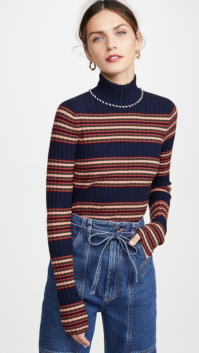 Tory Burch Striped Merino Wool Blend Ribbed Turtleneck Sweater Size Large Navy