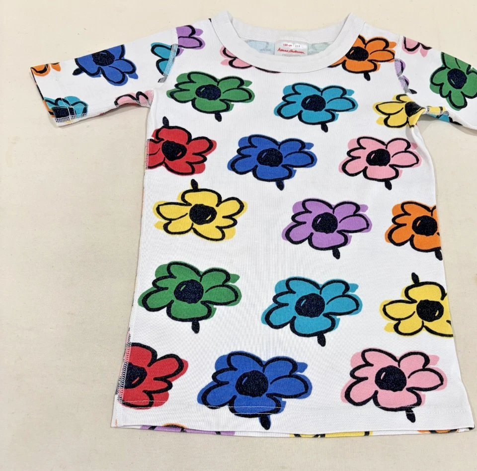 Hanna Andersson US 8 130cm 2 Piece Pajamas 100% Cotton Flowers SS Tee & Shorts - Image 2 of 4