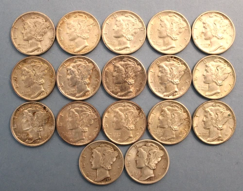 Mostly Uncirculated Mercury Silver Dime Lot, 90%, 17 dimes total, 10C