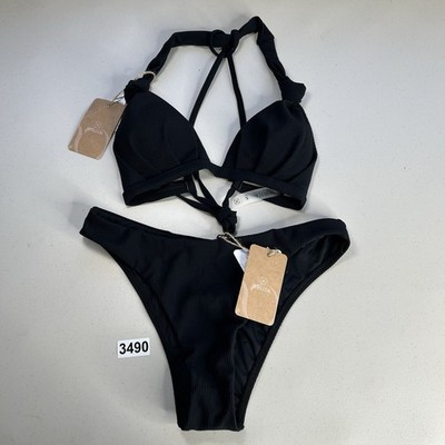 Berlook Bikini Set Small Black Ruched Top Ribbed Bottom New 