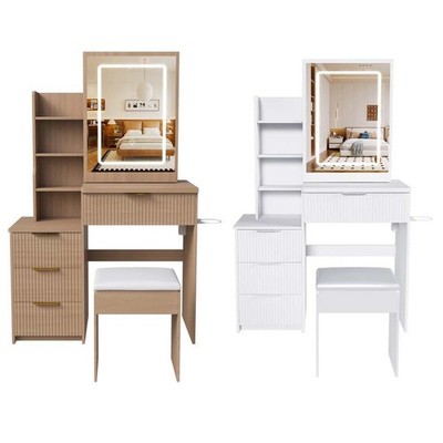 Modern Vanity Desk Makeup Chairs Tables, LED Lighting, Drawers, Storage Shelves