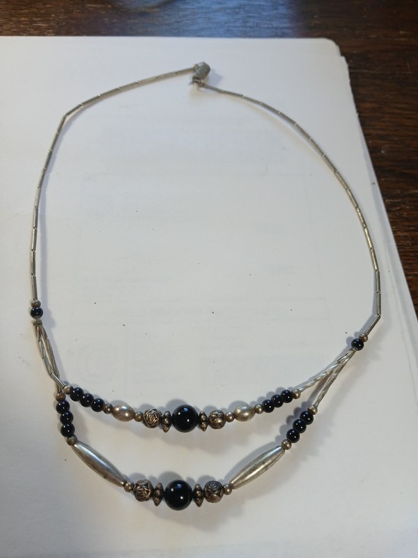 Vtg Sterling Silver Necklace Southwestern Flower Rose Onyx+ Bench Beads 18"
