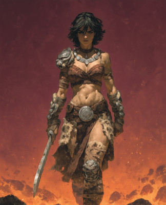 8x10 Warrior woman with sword ember red backdrop - 147744048
