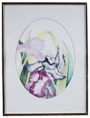 Original Watercolor Iris Painting Signed Framed Floral Art 12x16 Spring Decor
