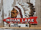 VINTAGE INDIAN LAKE PORCELAIN SIGN OLD OHIO STATE PARK RANGER CABIN LODGE DIECUT